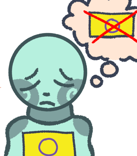  a light cyan person with the intersex flag on their chest. Next to them is a thought bubble and in that thought bubble is the same flag but crossed off